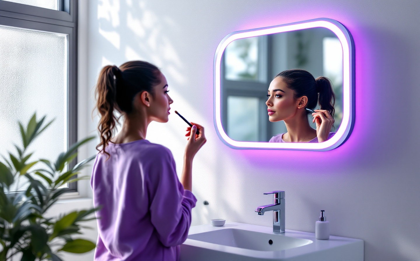 Mirrorly smart mirror glowing in a modern bathroom setting