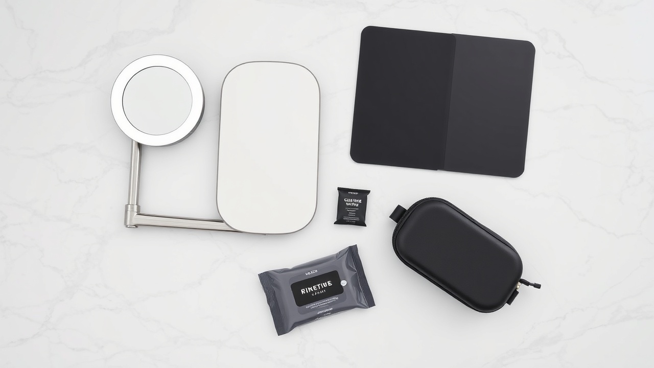 Mirrorly accessories laid out on a marble surface