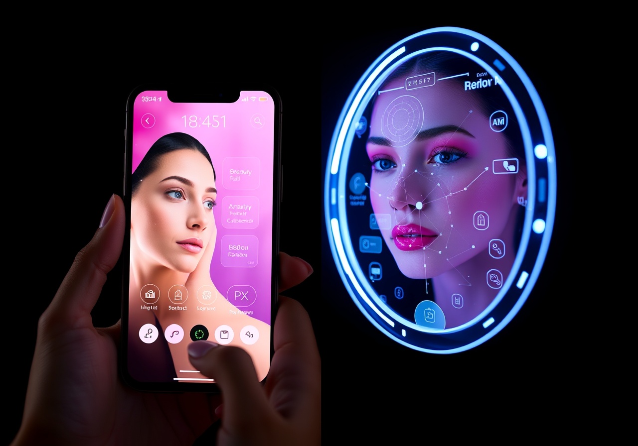 Mirrorly App interface showing user profile and skin analysis dashboard on a smartphone next to a smart mirror