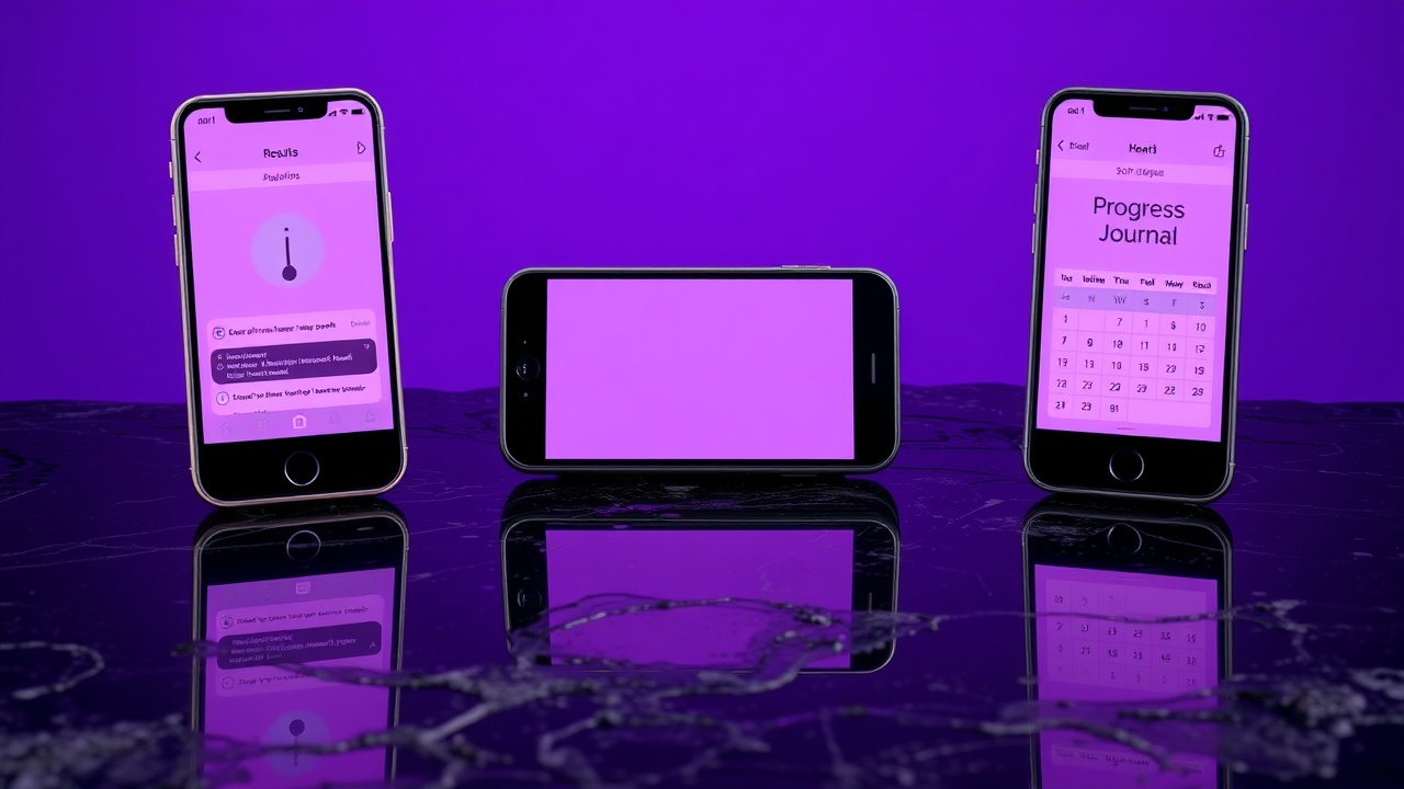 Gallery of 6 app screens including dashboard, skin scan, routine planner, and settings