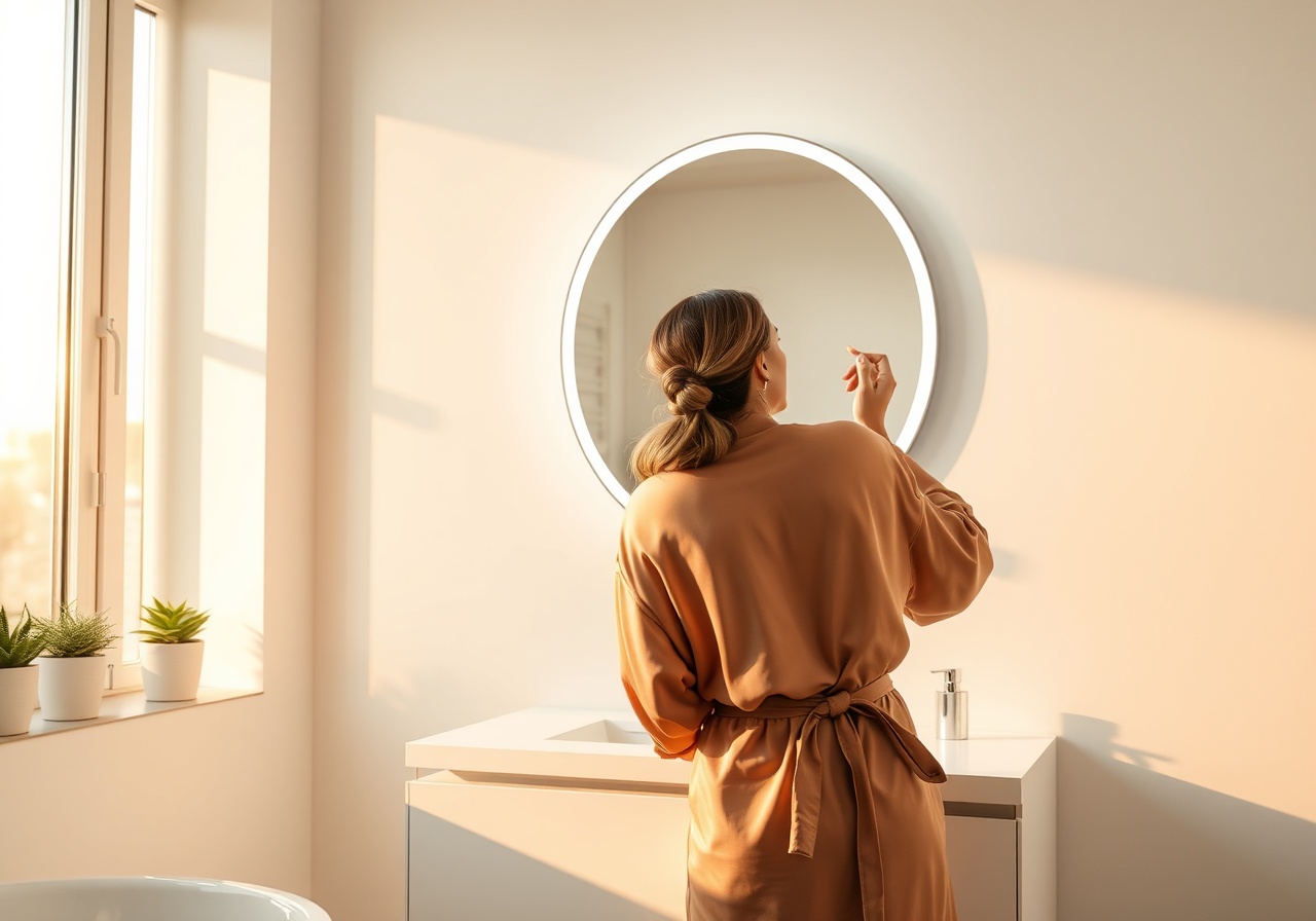 Modern bathroom featuring the Mirrorly Slim smart mirror with natural morning light streaming in