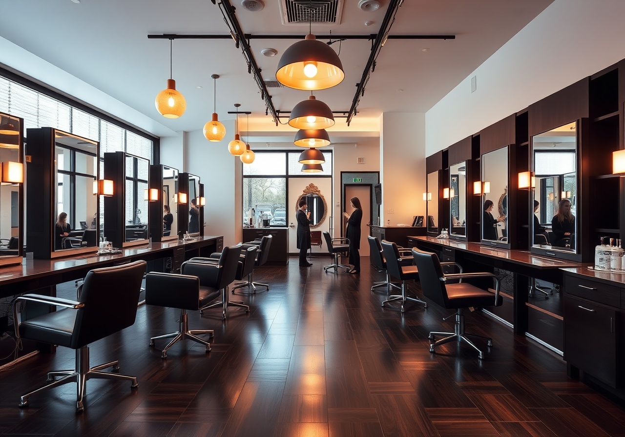Upscale salon interior featuring Mirror Studio installed on the wall with a stylist and client interacting