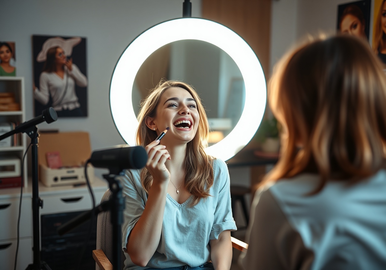 Beauty influencer filming a makeup tutorial in front of Mirrorly Creator Studio with soft studio lighting