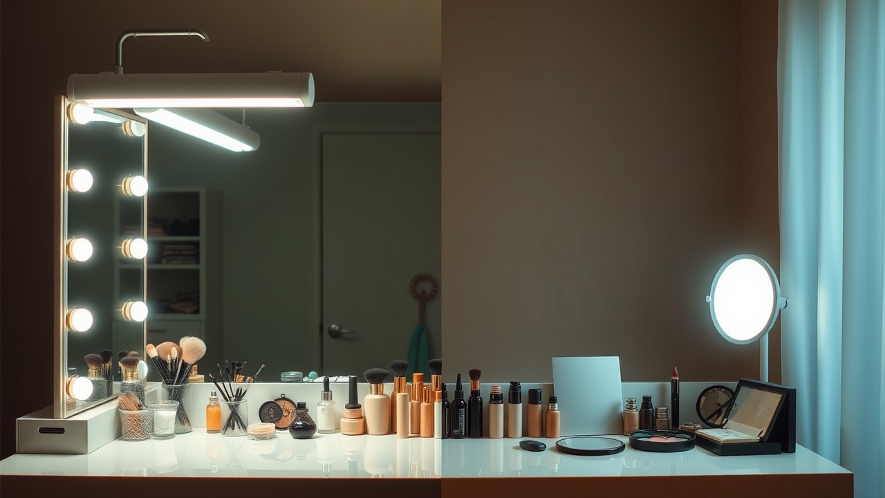 A modern vanity setup featuring the Mirrorly smart mirror with soft, diffused front lighting