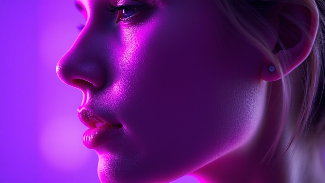 Close-up reflection of a glowing face on a Mirrorly Pro screen showing skin analysis data