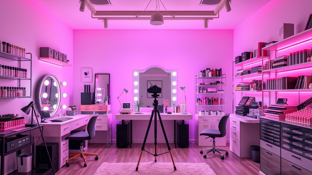 Full room shot of a beautifully organized creator studio with Mirror Studio as centerpiece