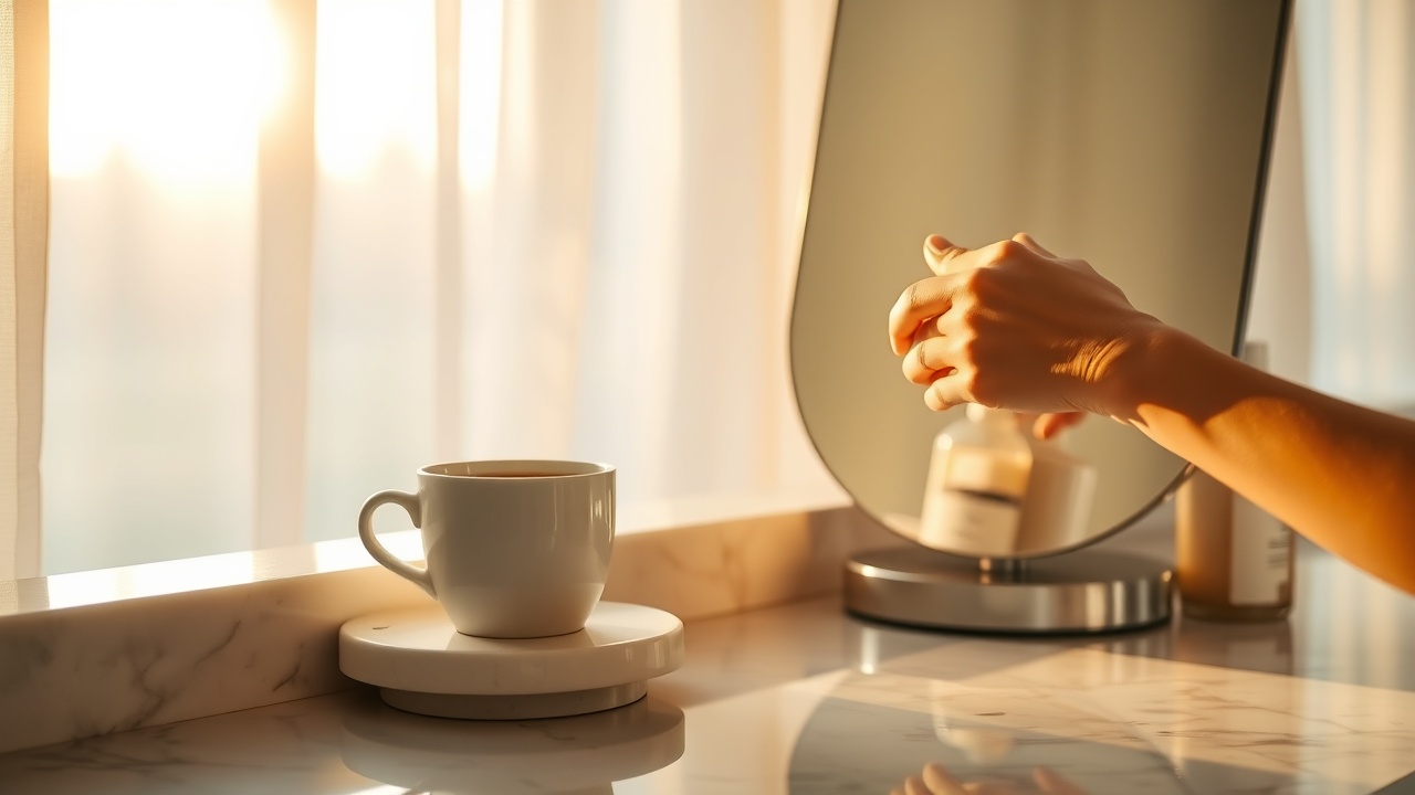 Serene morning bathroom scene with warm light, coffee mug, and Mirrorly Mirror Slim