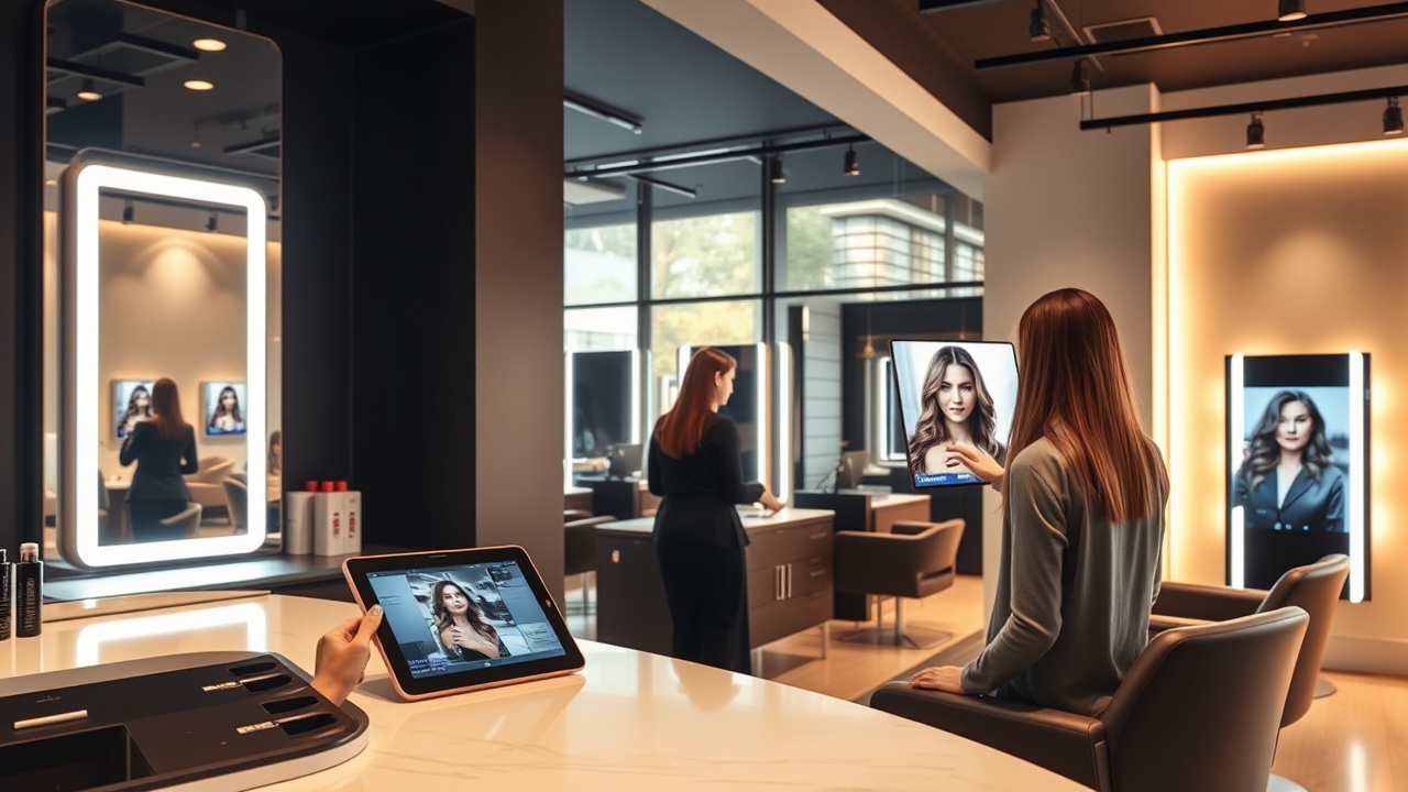 Chic modern salon interior with digital displays and sleek equipment