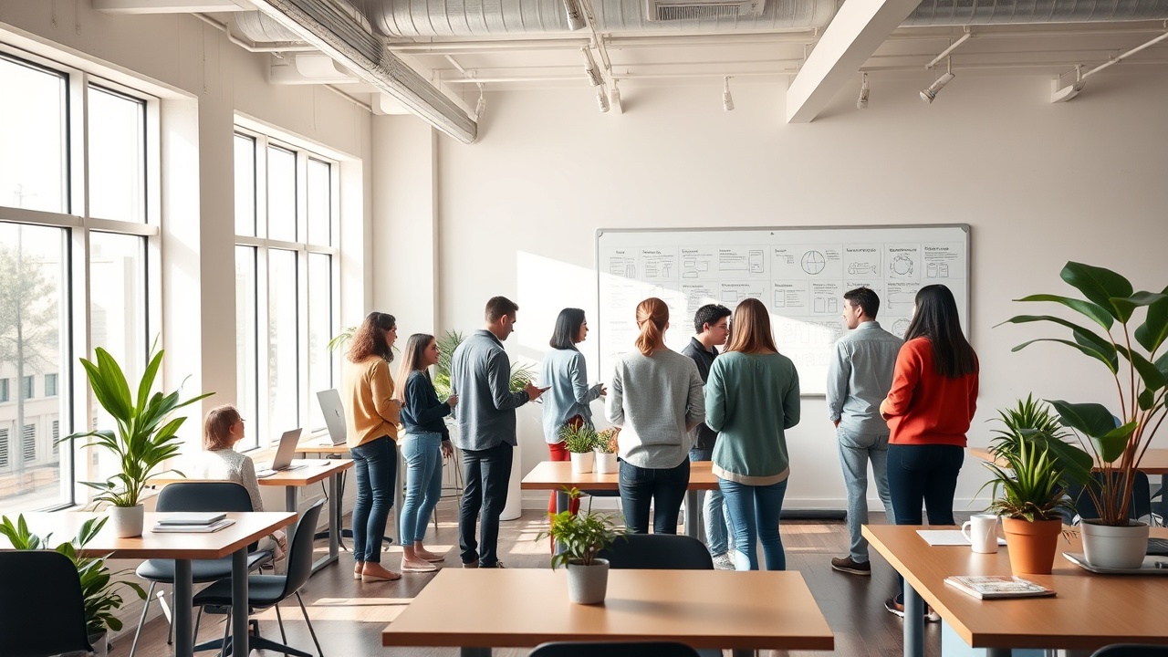Modern open-plan office at Mirrorly headquarters with team members collaborating