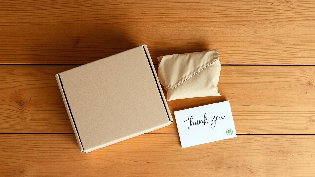 Mirrorly sustainable packaging materials laid out on a natural surface showing recycled cardboard and soy ink